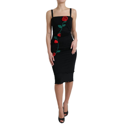 Dolce & Gabbana Women's Sheath Cocktail Sleeveless Wool Midi Dress - Black Red Rose Patterned