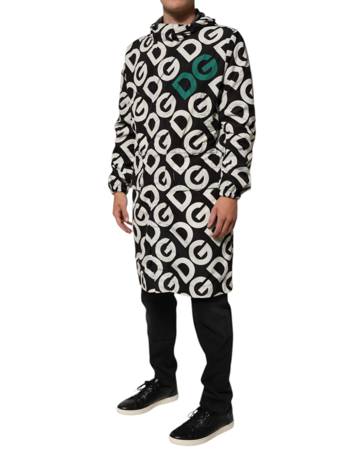Dolce & Gabbana Men's Polyester Hooded Overcoat - Black Green White Print