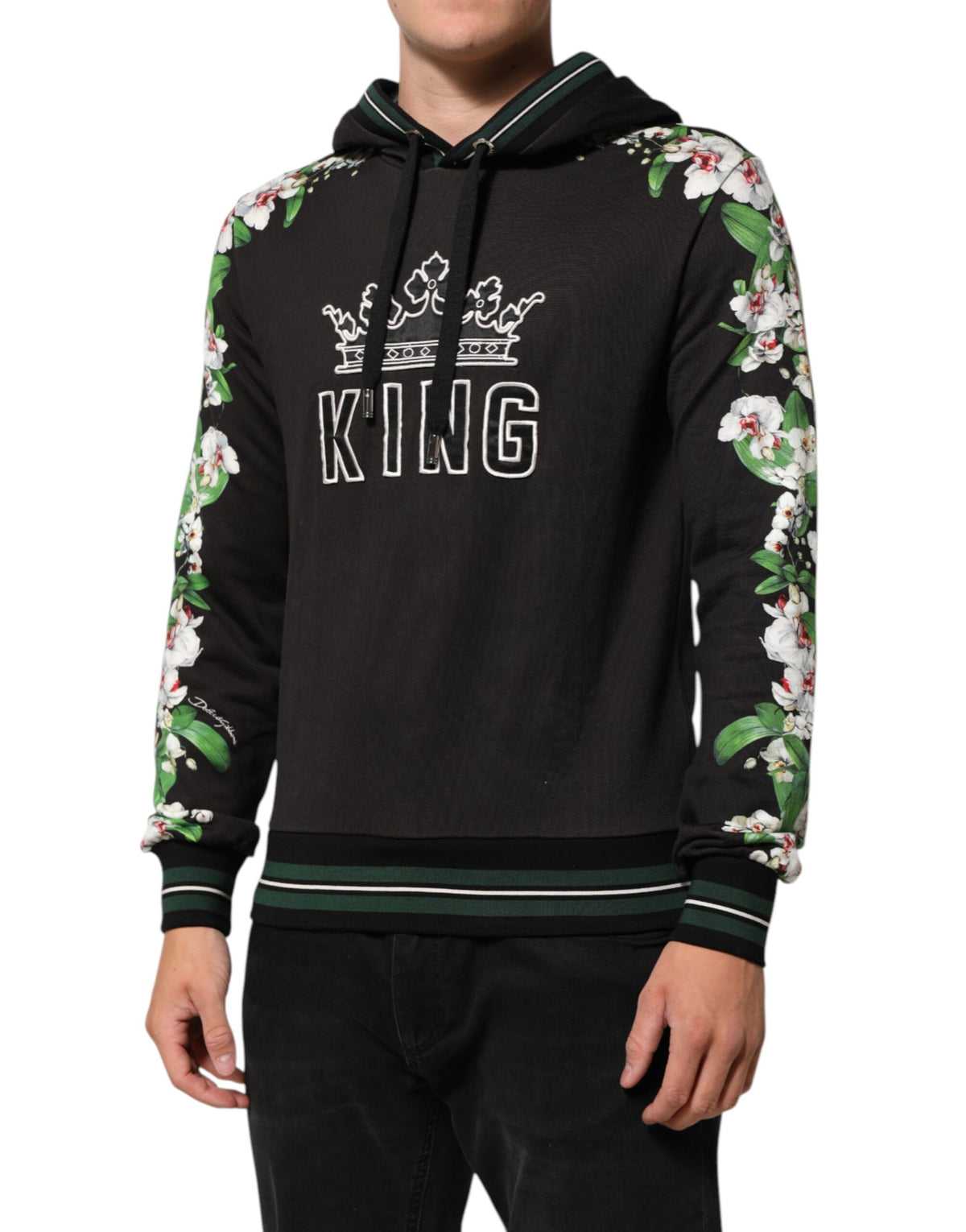 Dolce & Gabbana Men's Cotton Silk & Spandex Sweatshirt Hoodie - Black Green White Patterned Floral Print Striped