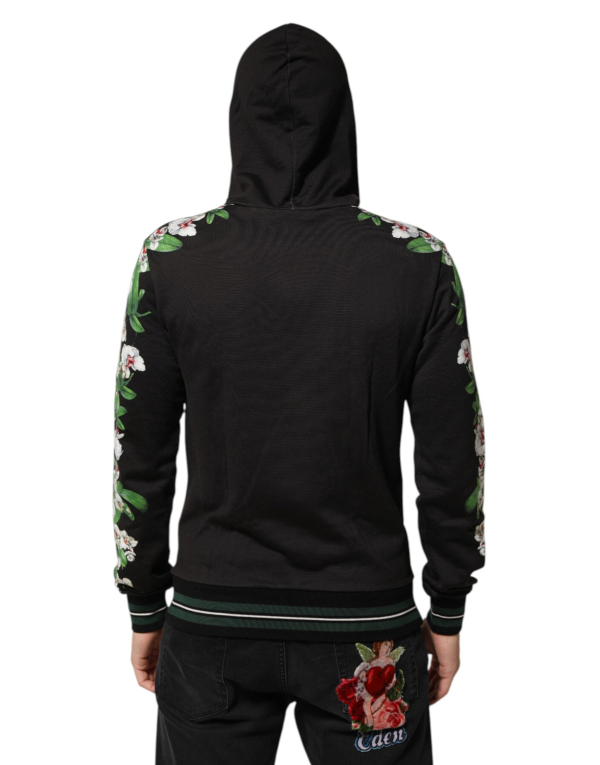 Dolce & Gabbana Men's Cotton Silk & Spandex Sweatshirt Hoodie - Black Green White Patterned Floral Print Striped