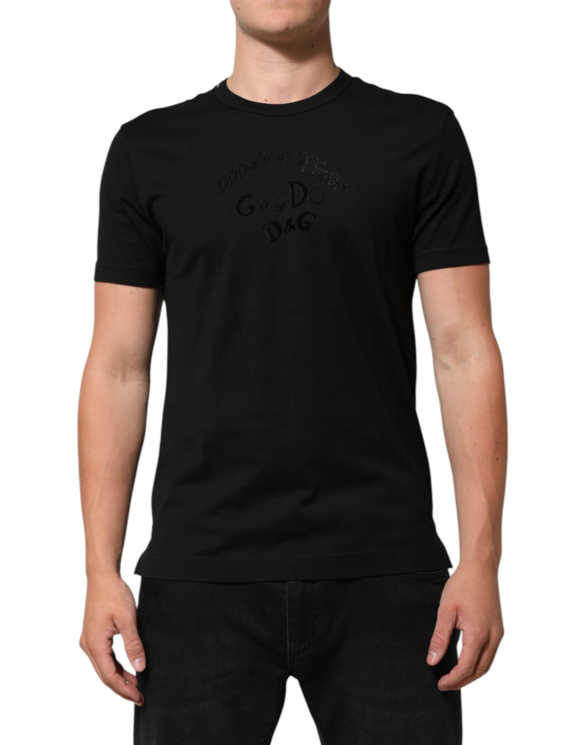 Dolce & Gabbana Men's Regular Fit Short-Sleeve Crew Neck Velvet Cotton T-Shirt - Black Patterned Print