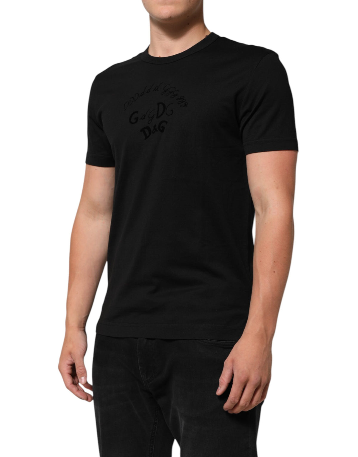 Dolce & Gabbana Men's Regular Fit Short-Sleeve Crew Neck Velvet Cotton T-Shirt - Black Patterned Print