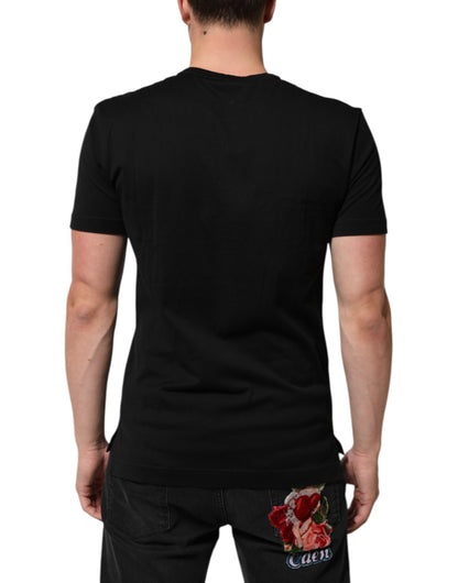 Dolce & Gabbana Men's Regular Fit Short-Sleeve Crew Neck Velvet Cotton T-Shirt - Black Patterned Print