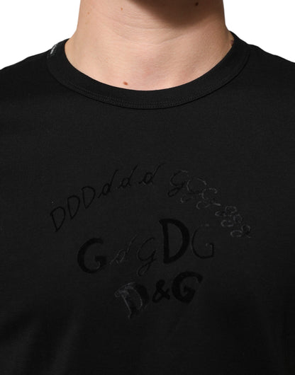 Dolce & Gabbana Men's Regular Fit Short-Sleeve Crew Neck Velvet Cotton T-Shirt - Black Patterned Print