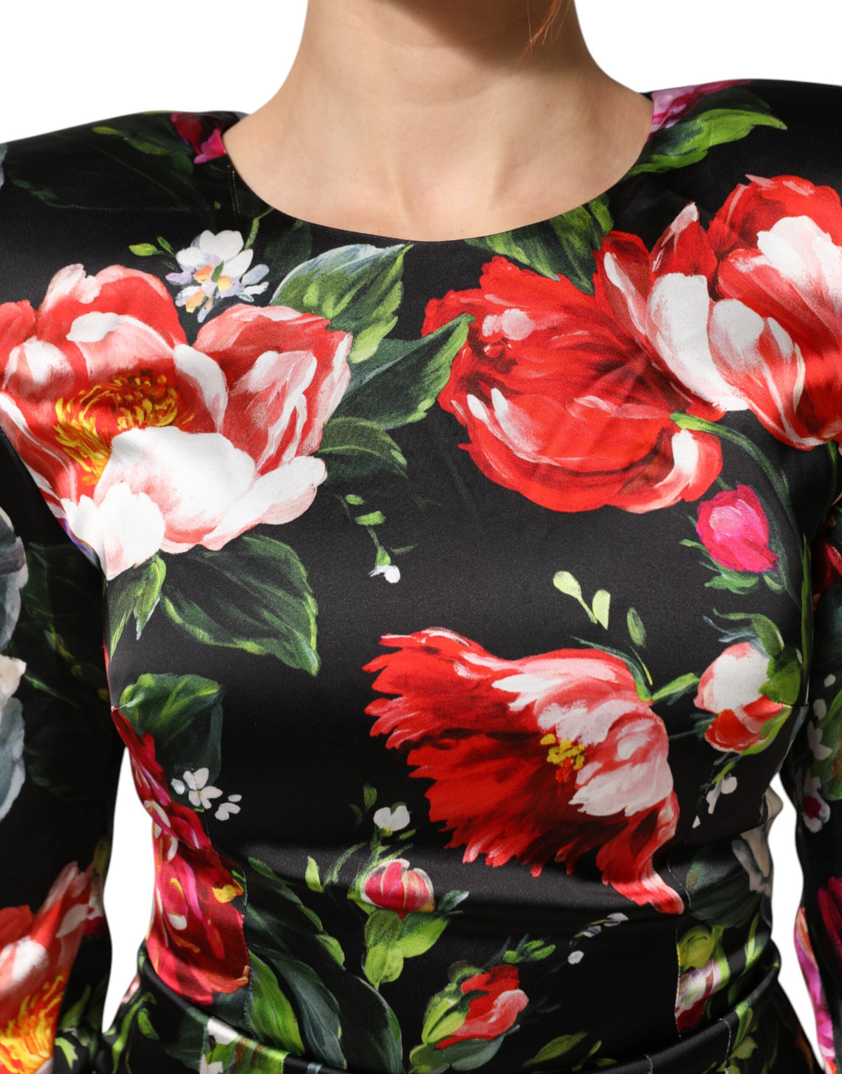 Dolce & Gabbana Women's Bodycon Cocktail Long-Sleeve Viscose Silk Short Mini Dress - Black Multicolor Patterned Floral Print