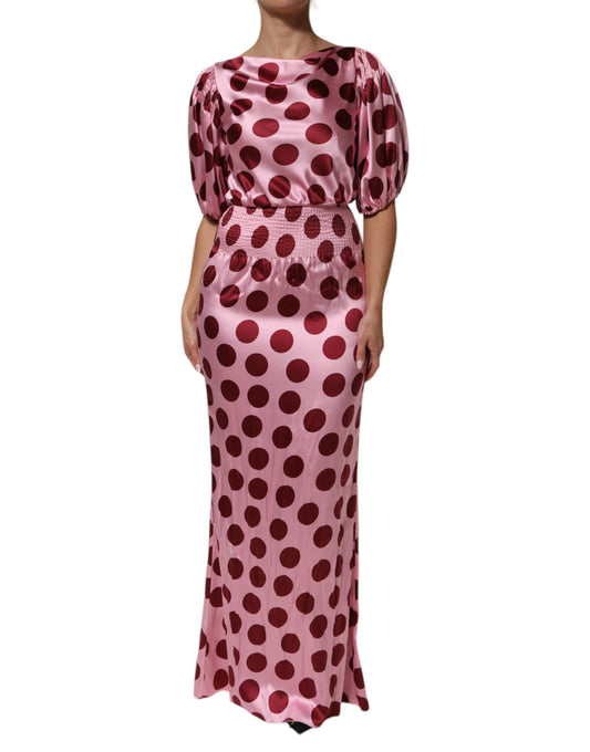 Dolce & Gabbana Women's Gown Short-Sleeve Boat Neck Silk Satin Maxi Long Dress - Pink Red Dots Patterned