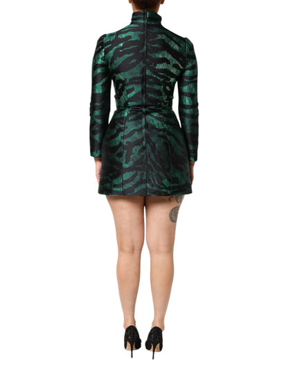 Dolce & Gabbana Women's Cocktail Long-Sleeve Silk & Polyester Midi Mini Long Dress - Black Green Multicolor Patterned Jacquard