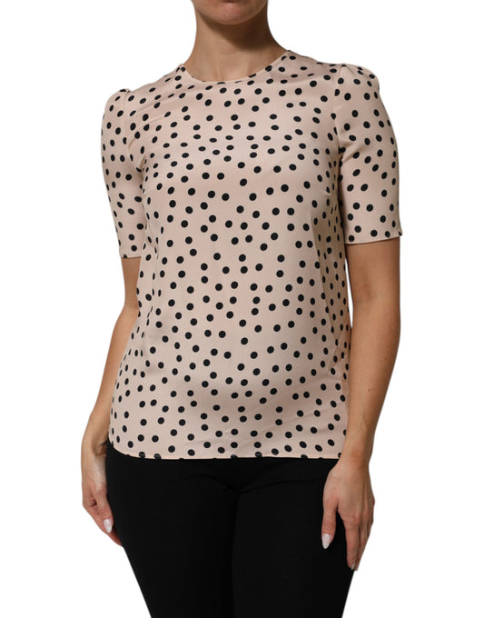 Dolce & Gabbana Women's Short-Sleeve Round Neck Silk Blouse - Beige Black Patterned Dots Print