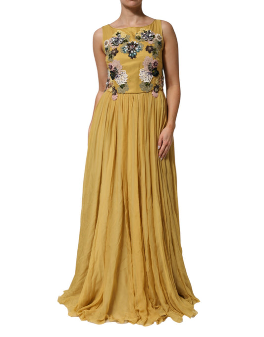 Dolce & Gabbana Women's Gown Cocktail Sleeveless Silk Chiffon Cotton & Sequins Maxi Long Dress - Multicolor Yellow Patterned Floral
