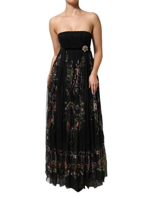Dolce & Gabbana Women's Gown Cocktail Sleeveless; Strapless Silk Cotton Polyester & Lace Maxi Long Dress - Black Multicolor Red Patterned Floral Print