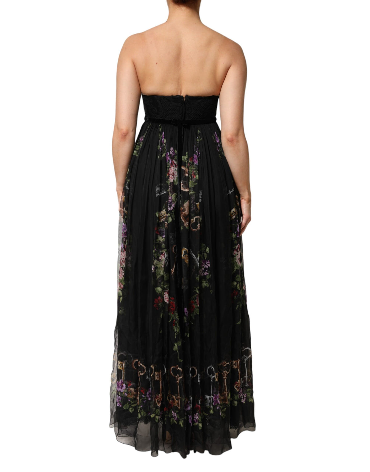 Dolce & Gabbana Women's Gown Cocktail Sleeveless; Strapless Silk Cotton Polyester & Lace Maxi Long Dress - Black Multicolor Red Patterned Floral Print