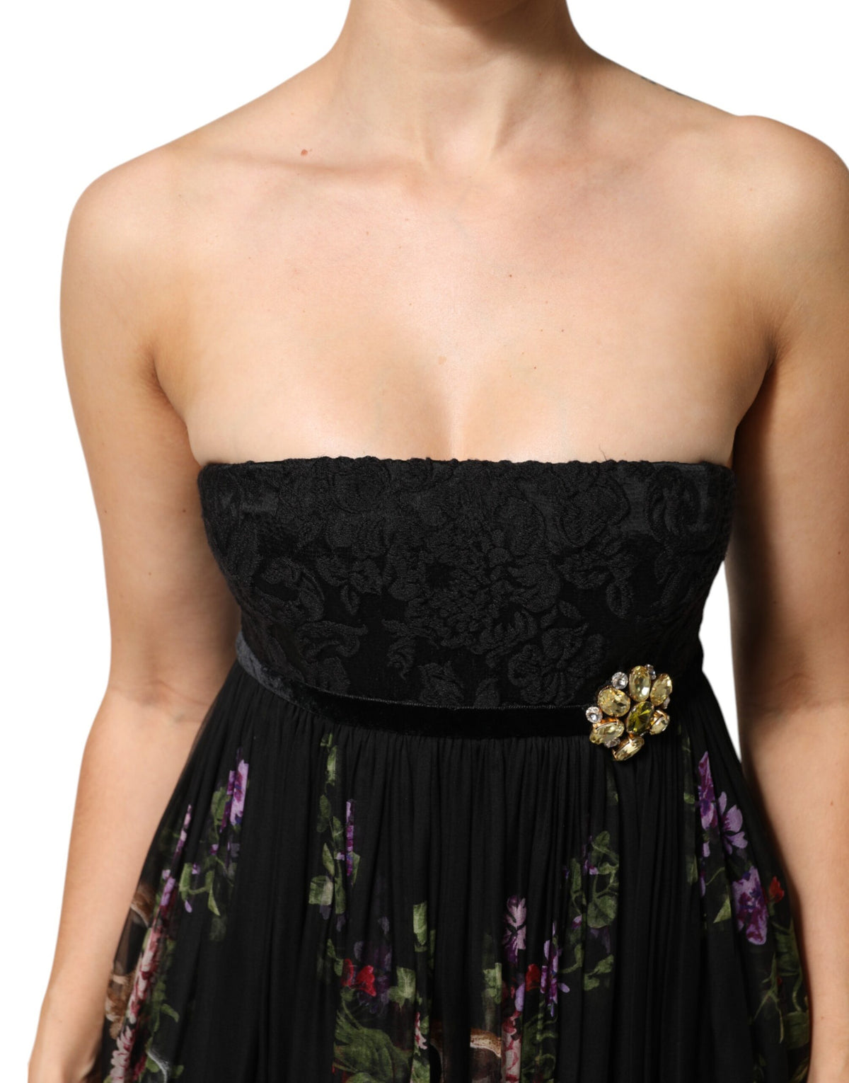 Dolce & Gabbana Women's Gown Cocktail Sleeveless; Strapless Silk Cotton Polyester & Lace Maxi Long Dress - Black Multicolor Red Patterned Floral Print