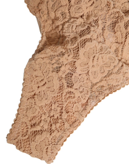 Dolce & Gabbana Beige Lace Logo Elastic Waist Thong Tanga Underwear
