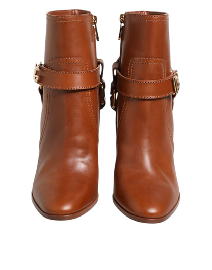 Dolce & Gabbana Women's Calf Leather High-Heel Ankle Strap Boots - Brown Gold