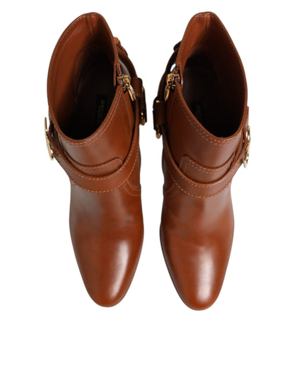 Dolce & Gabbana Women's Calf Leather High-Heel Ankle Strap Boots - Brown Gold