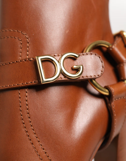 Dolce & Gabbana Women's Calf Leather High-Heel Ankle Strap Boots - Brown Gold