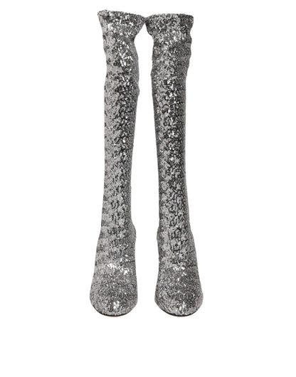 Dolce & Gabbana Women's Polyester Viscose Leather & Sequins High-Heel Over-The-Knee Boots - Silver