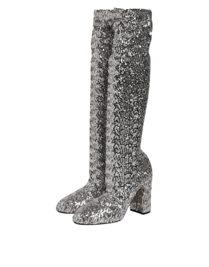 Dolce & Gabbana Women's Polyester Viscose Leather & Sequins High-Heel Over-The-Knee Boots - Silver