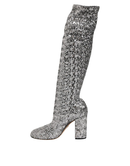 Dolce & Gabbana Women's Polyester Viscose Leather & Sequins High-Heel Over-The-Knee Boots - Silver