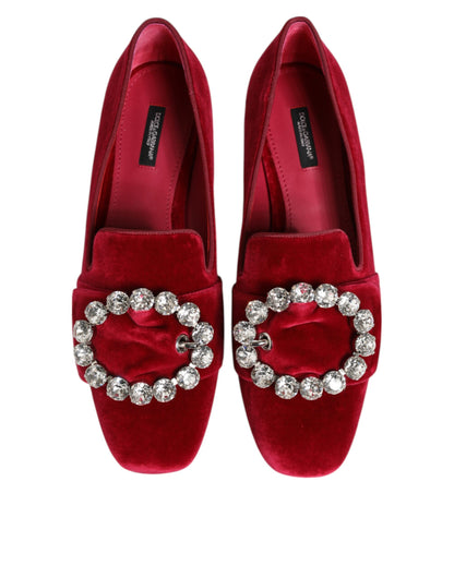 Dolce & Gabbana Women's Cotton Velvet Leather & Viscose Flat Loafer Slip-On Shoes - Red Jacquard