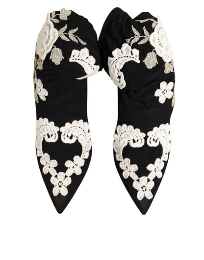 Dolce & Gabbana Unisex Leather & Viscose High-Heel Stiletto Ankle Boots - Black White Floral