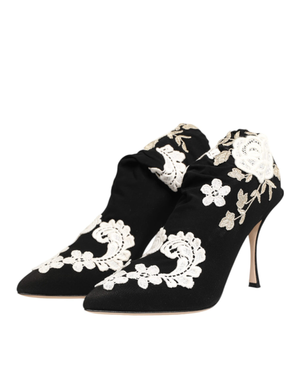Dolce & Gabbana Unisex Leather & Viscose High-Heel Stiletto Ankle Boots - Black White Floral