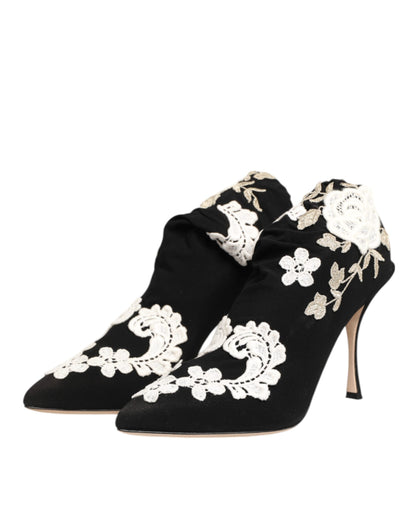 Dolce & Gabbana Unisex Leather & Viscose High-Heel Stiletto Ankle Boots - Black White Floral
