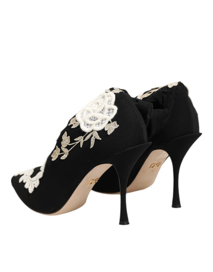 Dolce & Gabbana Unisex Leather & Viscose High-Heel Stiletto Ankle Boots - Black White Floral