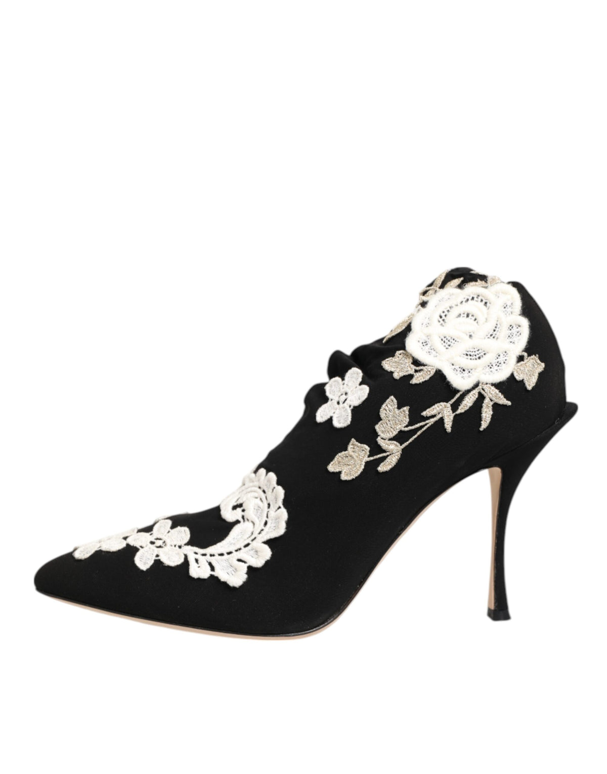 Dolce & Gabbana Unisex Leather & Viscose High-Heel Stiletto Ankle Boots - Black White Floral
