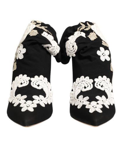 Dolce & Gabbana Unisex Leather & Viscose High-Heel Stiletto Ankle Boots - Black White Floral