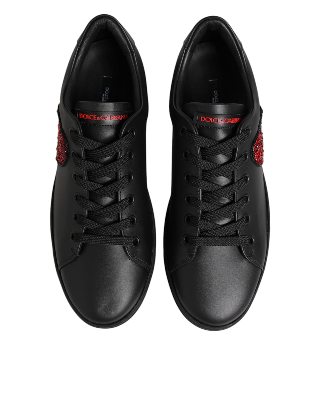 Dolce & Gabbana Heart Women's Low Top Calf Leather Crystal & Rubber Sneakers - Black Red