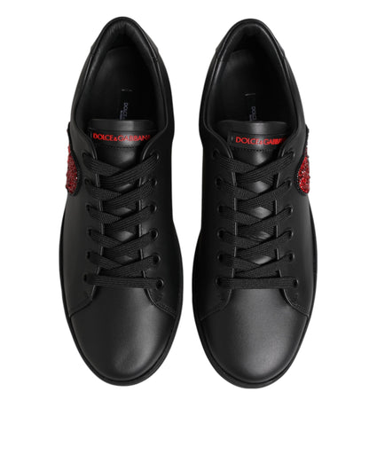 Dolce & Gabbana Heart Women's Low Top Calf Leather Crystal & Rubber Sneakers - Black Red