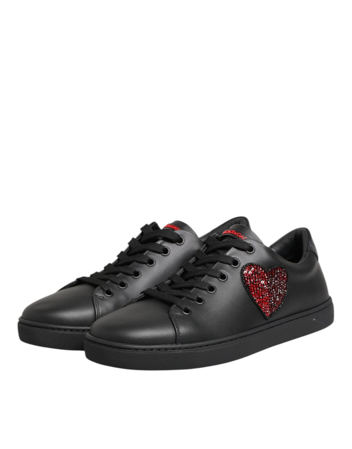Dolce & Gabbana Heart Women's Low Top Calf Leather Crystal & Rubber Sneakers - Black Red