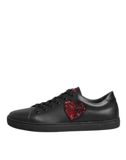 Dolce & Gabbana Heart Women's Low Top Calf Leather Crystal & Rubber Sneakers - Black Red