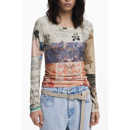 T-Shirt by Desigual for women in stretch viscose beige, patterned & signature showcases a fashionable silhouette, elegantly detailed with a fashionable and wide-neck neckline for a sophisticated, high-fashion look.