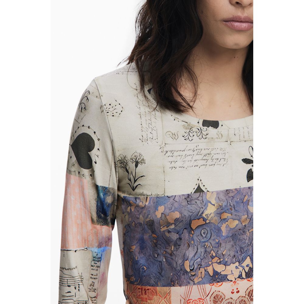 T-Shirt by Desigual for women in stretch viscose beige, patterned & signature features a plush silhouette, showcasing a sophisticated and for a truly plush finish.