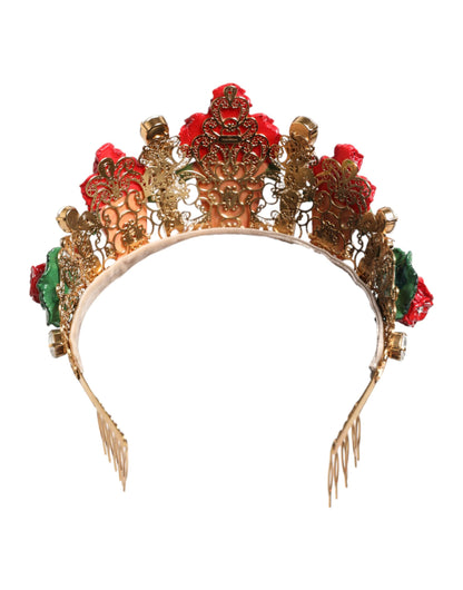 Dolce & Gabbana Brass Crystal Glass & Resin Headband - Gold Green Multicolor Red Terracotta Floral
