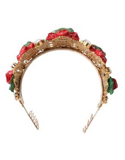 Dolce & Gabbana Brass Crystal Glass & Resin Headband - Gold Green Multicolor Red Terracotta Floral