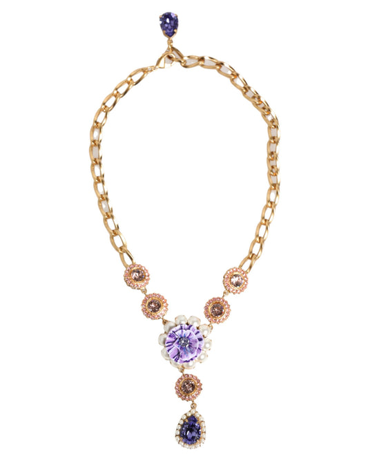 Dolce & Gabbana Women's Brass Gold Pearls & Crystal Necklace - Gold Multicolor Pearl Pink Purple Violet Floral