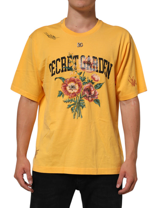 Dolce & Gabbana Men's Regular Fit Short-Sleeve Crew Neck Cotton T-Shirt - Yellow Patterned Floral Print