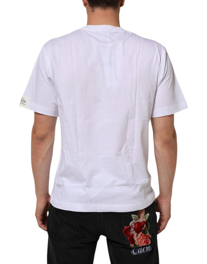 Dolce & Gabbana Men's Regular Fit Short-Sleeve Crew Neck Cotton T-Shirt - White Patterned Print
