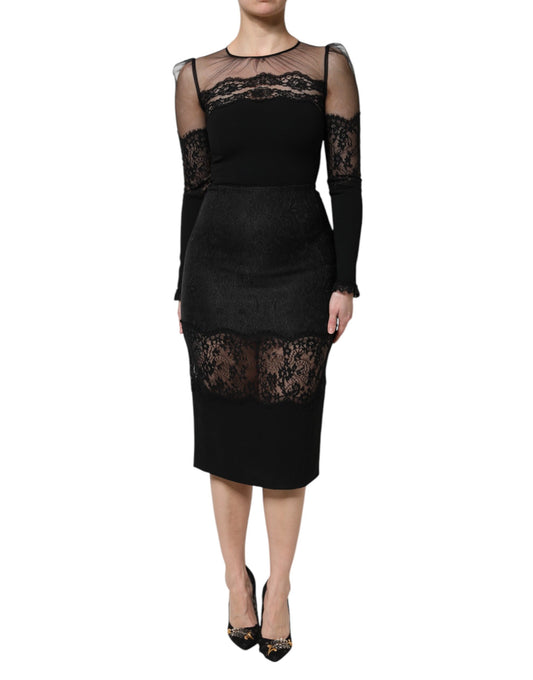 Dolce & Gabbana Women's Sheath Cocktail Long-Sleeve Nylon Polyester Cotton & Silk Midi Dress - Black Signature