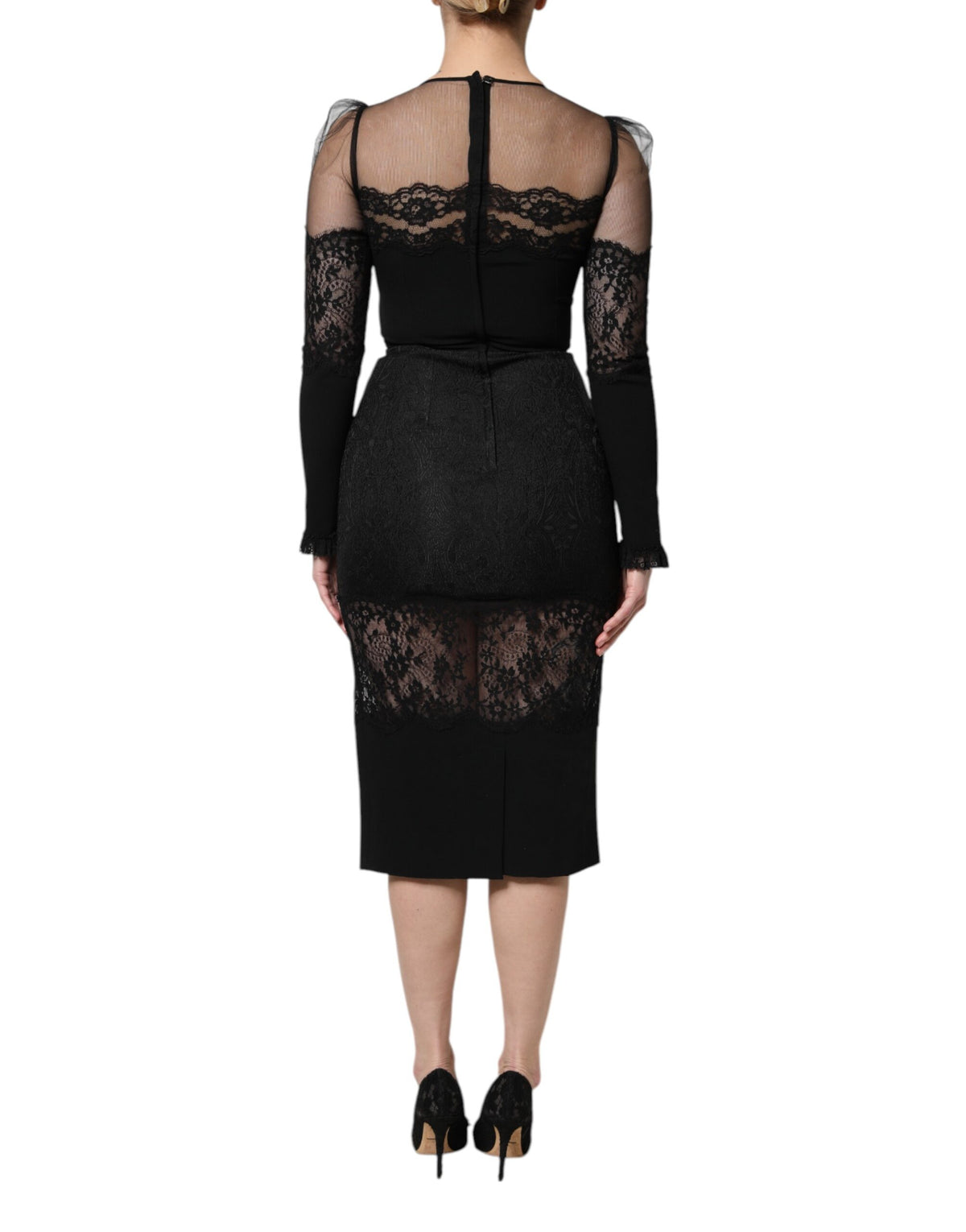 Dolce & Gabbana Women's Sheath Cocktail Long-Sleeve Nylon Polyester Cotton & Silk Midi Dress - Black Signature