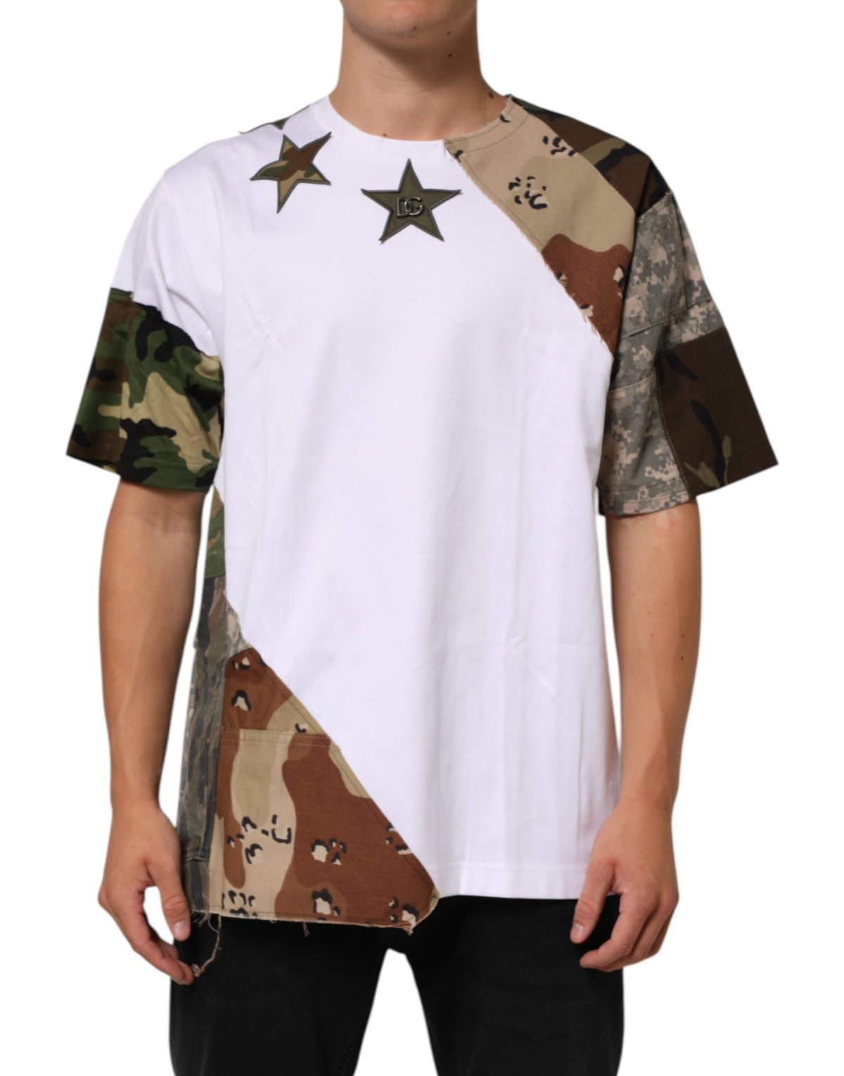 Dolce & Gabbana Men's Regular Fit Short-Sleeve Crew Neck Nylon Cotton T-Shirt - White Patterned Camouflage Signature Patchwork