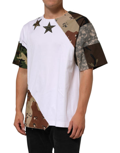 Dolce & Gabbana Men's Regular Fit Short-Sleeve Crew Neck Nylon Cotton T-Shirt - White Patterned Camouflage Signature Patchwork