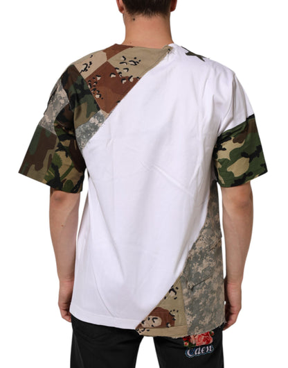 Dolce & Gabbana Men's Regular Fit Short-Sleeve Crew Neck Nylon Cotton T-Shirt - White Patterned Camouflage Signature Patchwork