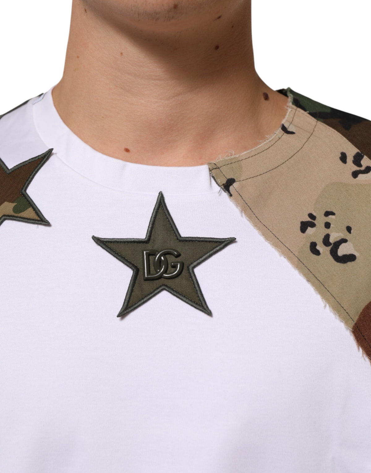Dolce & Gabbana Men's Regular Fit Short-Sleeve Crew Neck Nylon Cotton T-Shirt - White Patterned Camouflage Signature Patchwork