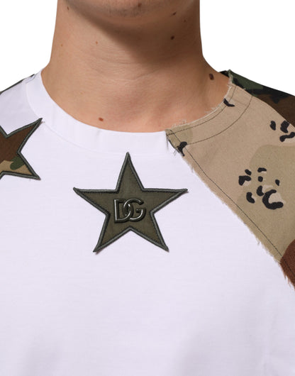 Dolce & Gabbana Men's Regular Fit Short-Sleeve Crew Neck Nylon Cotton T-Shirt - White Patterned Camouflage Signature Patchwork