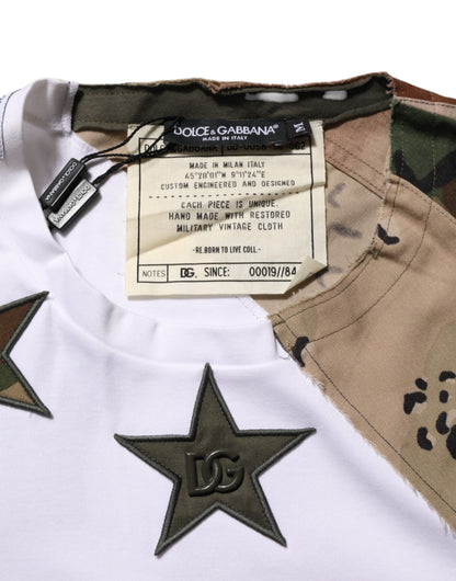 Dolce & Gabbana Men's Regular Fit Short-Sleeve Crew Neck Nylon Cotton T-Shirt - White Patterned Camouflage Signature Patchwork