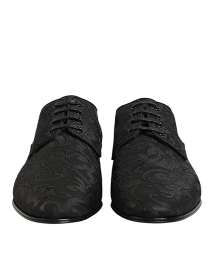 Dolce & Gabbana Men's Polyester Silk Viscose & Goat Leather Derby Lace-Up Shoes - Black Floral Signature